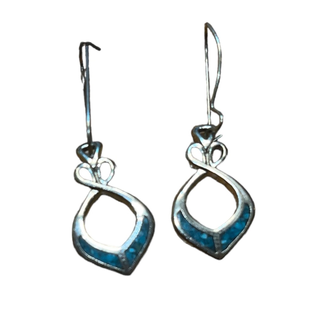 Silver Tone Blue Inlay Dangle Earrings